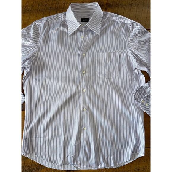 Mens BOSS Hugo Boss White Striped Long Sleeve Button Down Dress‎ Shirt 16 32/33 - Picture 1 of 9